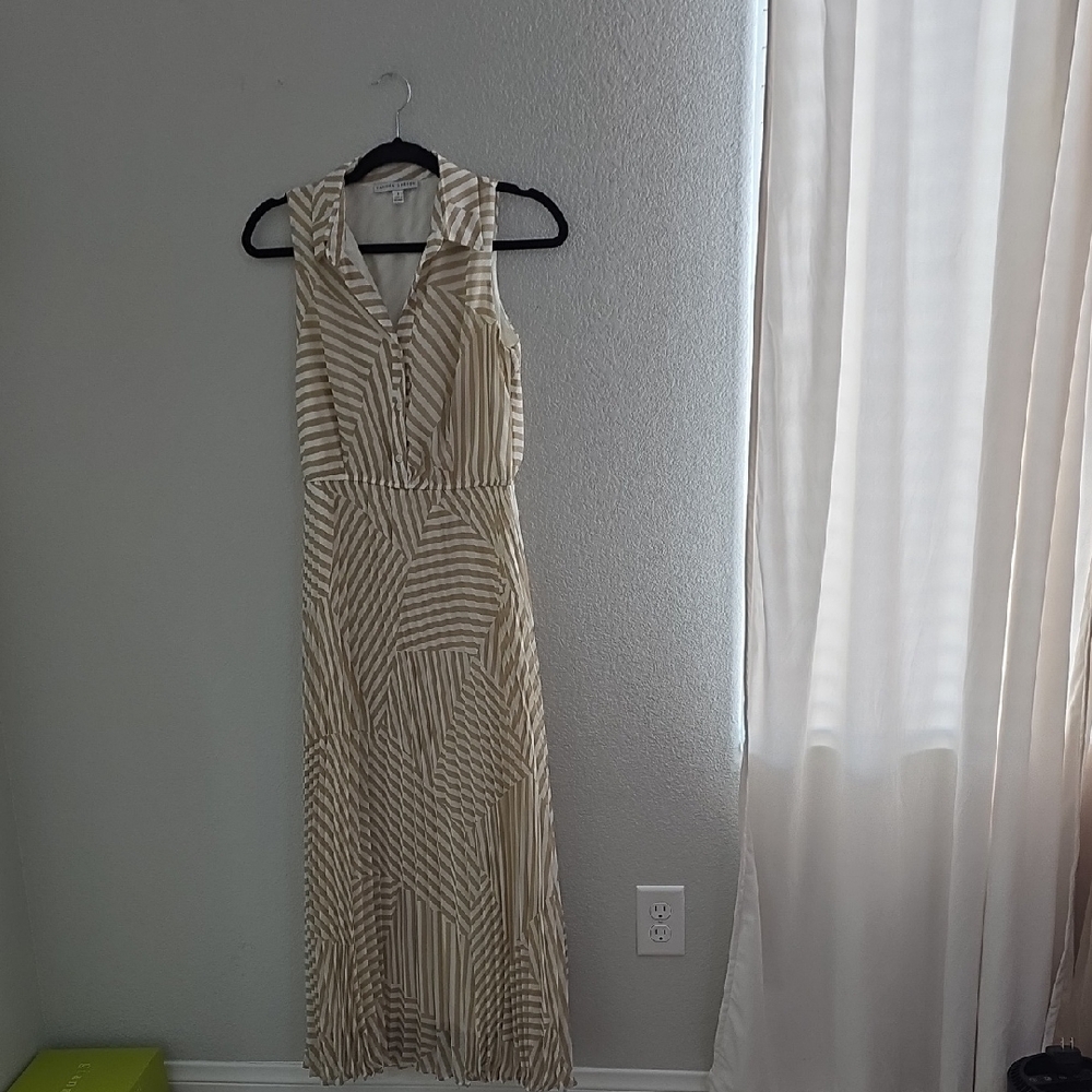 Sandra Darren Sleeveless Maxi Dress in Cream and Beige Stripes